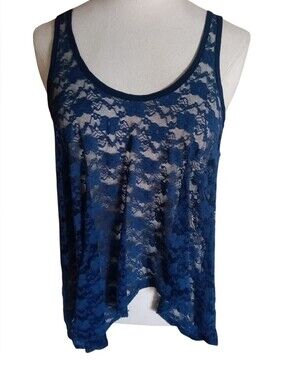 M.B.D. Navy Blue Sheer Floral Lace Scoop-Neck Flowy Tank Top Size M NWOT